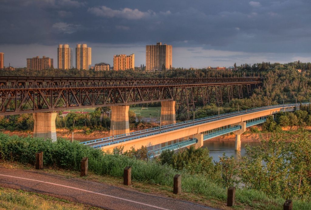 The High Level Bridge and the river valley at dusk, looking toward downtown Edmonton.
